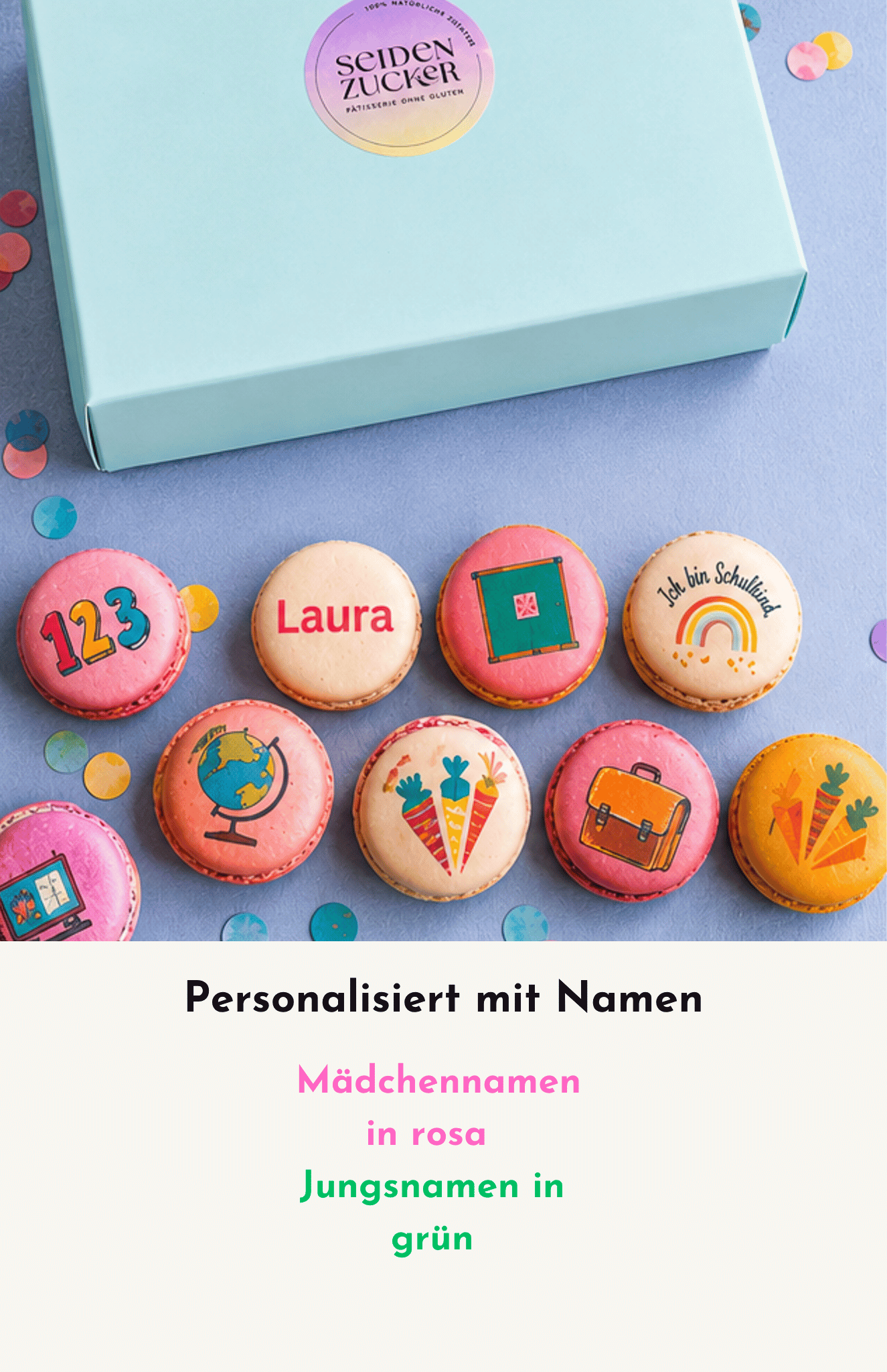 Personalisierte Einschulungs-Macarons | 12 glutenfreie Macarons mit Namen | Einschulung 2026