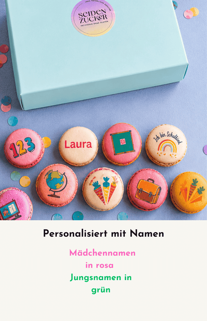 Personalisierte Einschulungs-Macarons | 12 glutenfreie Macarons mit Namen | Einschulung 2026