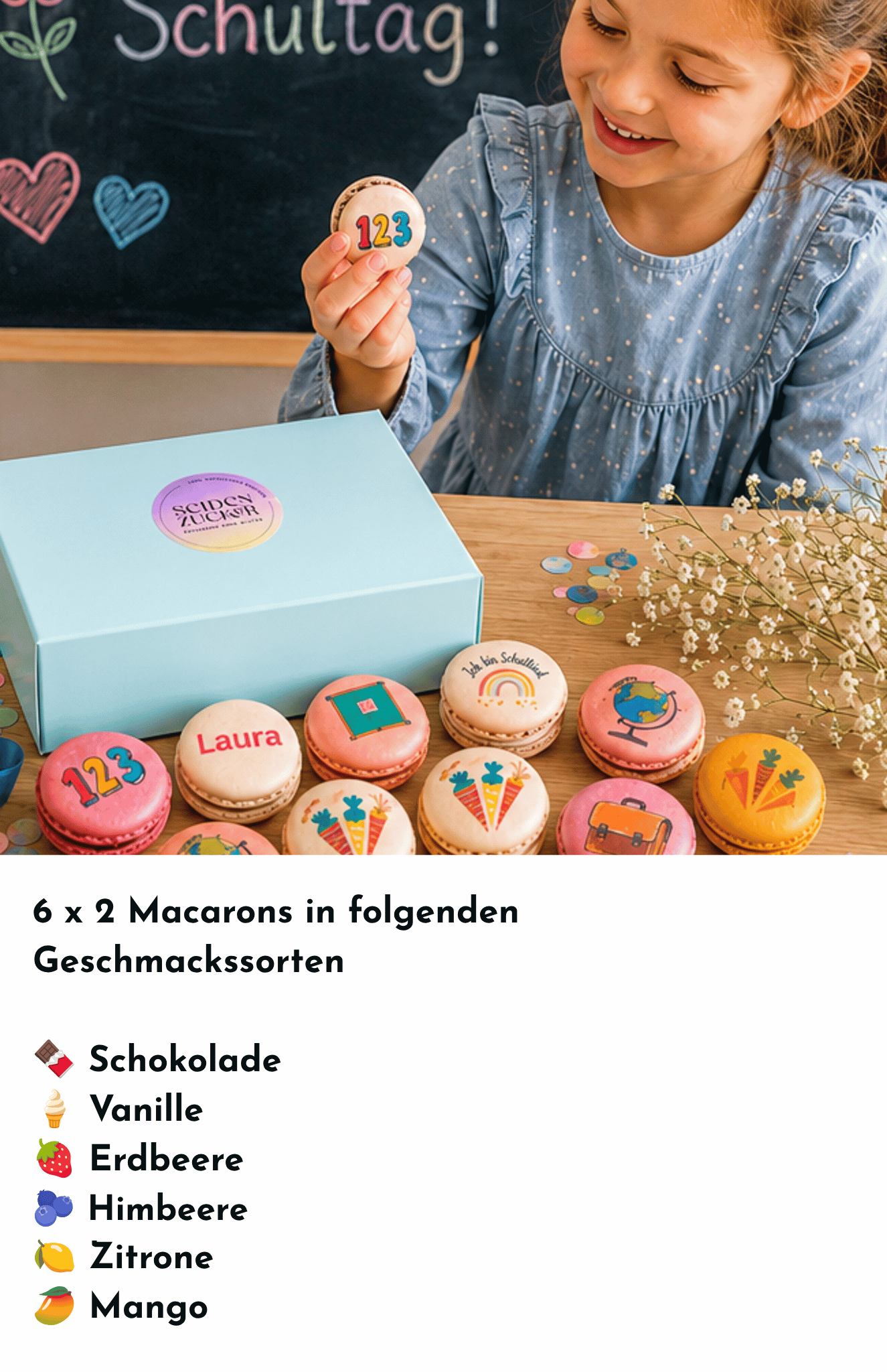 Personalisierte Einschulungs-Macarons | 12 glutenfreie Macarons mit Namen | Einschulung 2026