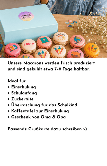 Personalisierte Einschulungs-Macarons | 12 glutenfreie Macarons mit Namen | Einschulung 2026