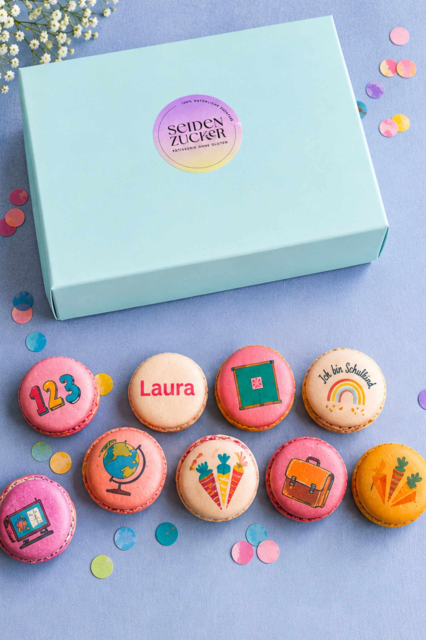 Personalisierte Einschulungs-Macarons | 12 glutenfreie Macarons mit Namen | Einschulung 2026