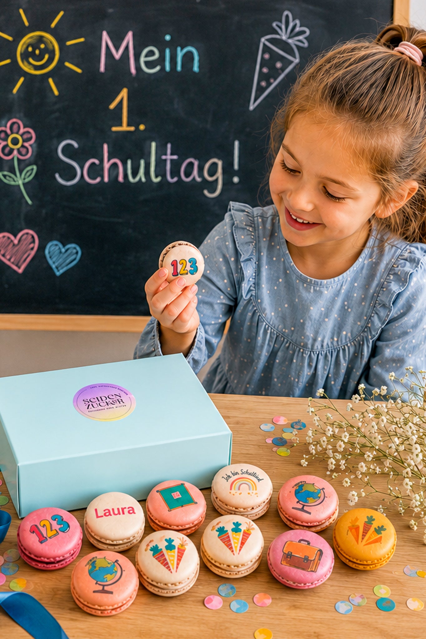 Personalisierte Einschulungs-Macarons | 12 glutenfreie Macarons mit Namen | Einschulung 2026